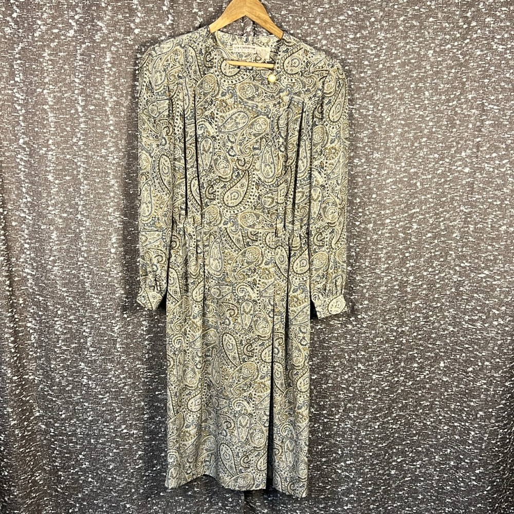 Liz Claiborne Vintage Paisley Wrap‎ Dress Tan Size 12 Long Sleeve Maxi Long